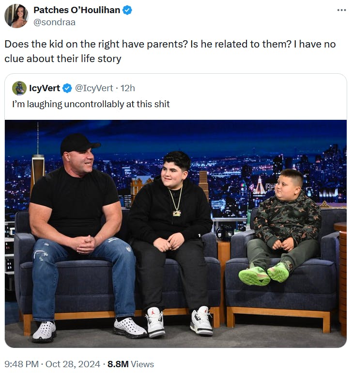 Tweet asking about a child's parents on The Tonight Show.