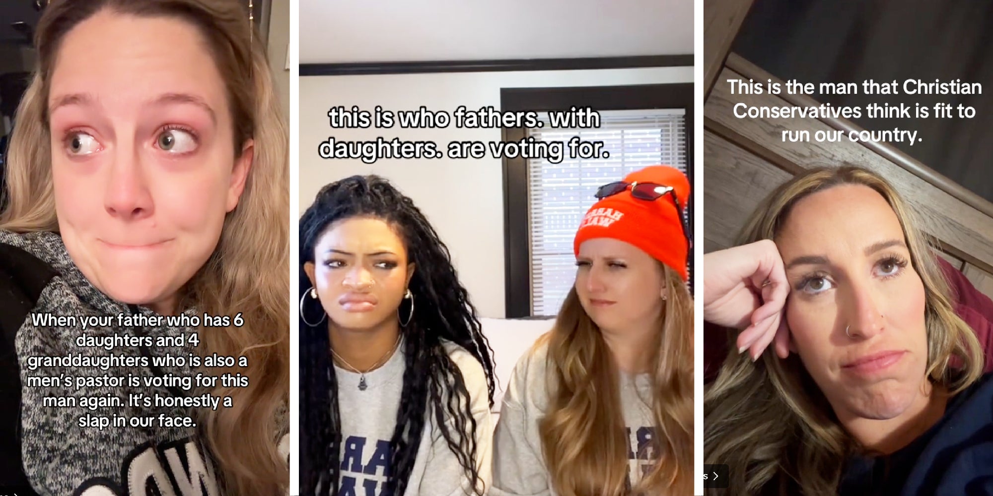 3 panel image showing women reacting to the infamous Access Hollywood tape of Donald Trump. With captions on image reflecting a variation of the meme, 'This is who fathers with daughters are voting for.'