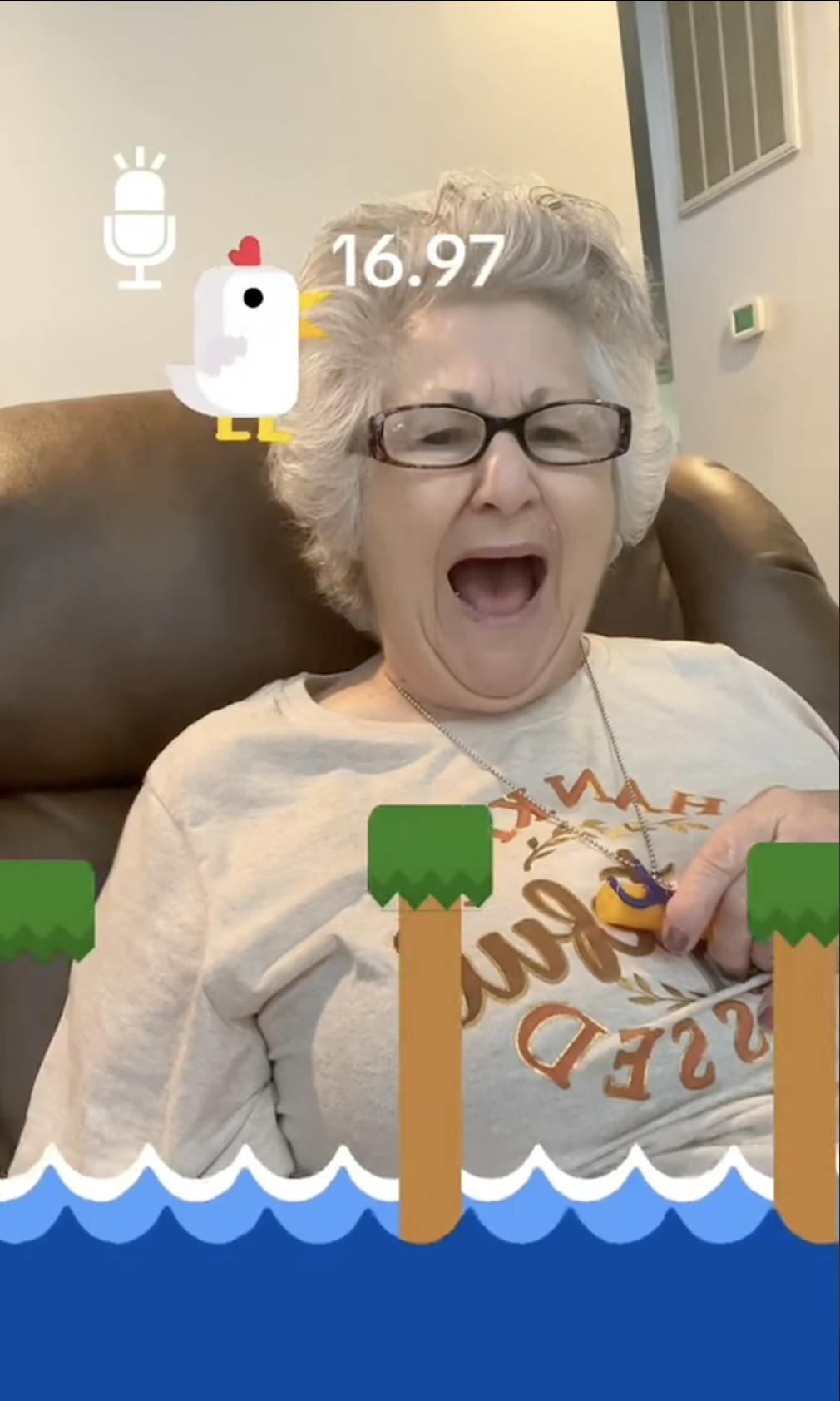 An elderly woman participating in the Scream Chicken Game on TikTok.