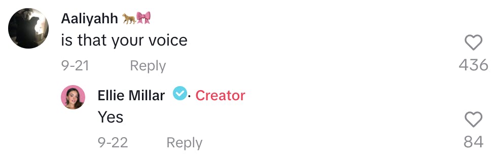 A comment on a Scream Chicken Game TikTok video that reads, 'is that your voice' with the original poster replying, 'Yes'