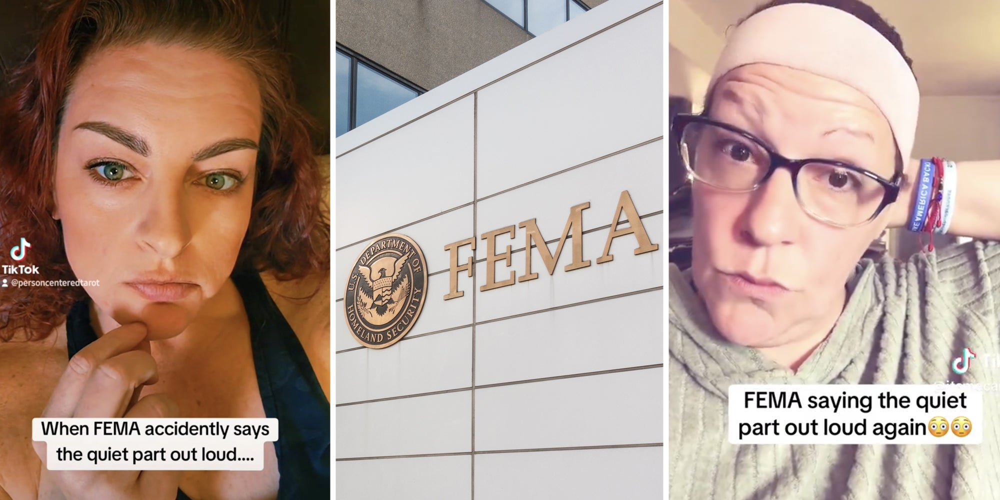 Woman with text that says 'When FEMA accidently says the quiet part out loud'(l), FEMA logo on wall(c), Woman with text that says 'FEMA saying the quiet part out loud again'(r)