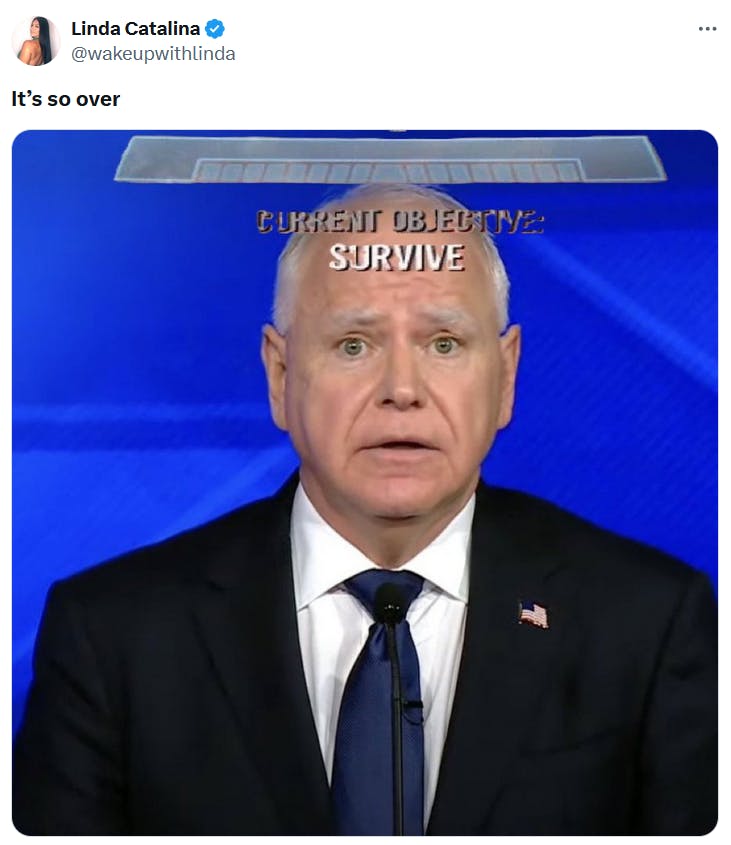 Tim Walz worried meme in the 'Objective: Survive' format.