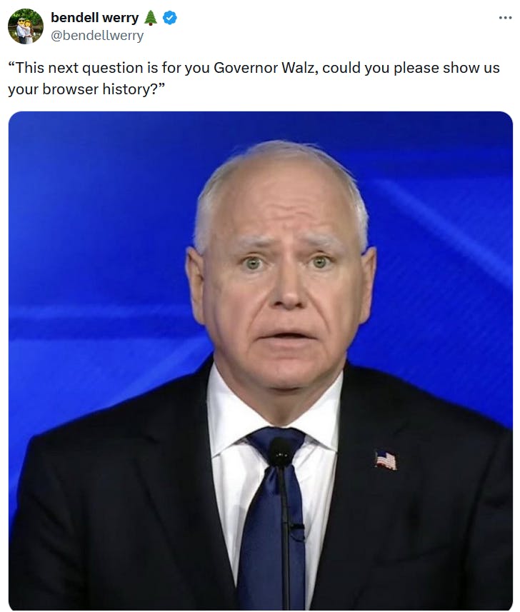 Tim Walz worried meme about browser history questions.