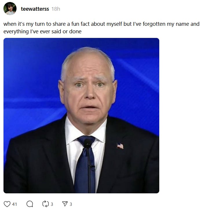 Tim Walz worried meme about introduction games.