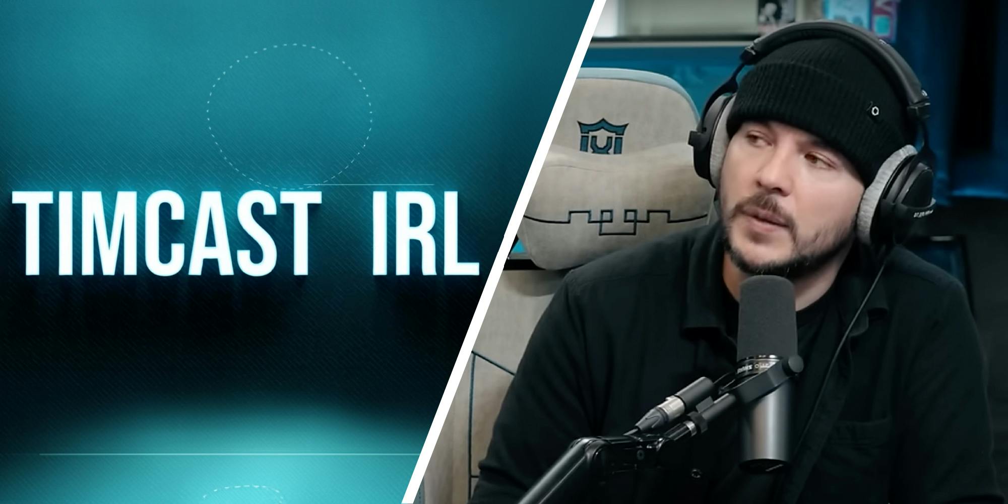 2 panel image image, branding for Timcast IRL and Tim Pool.