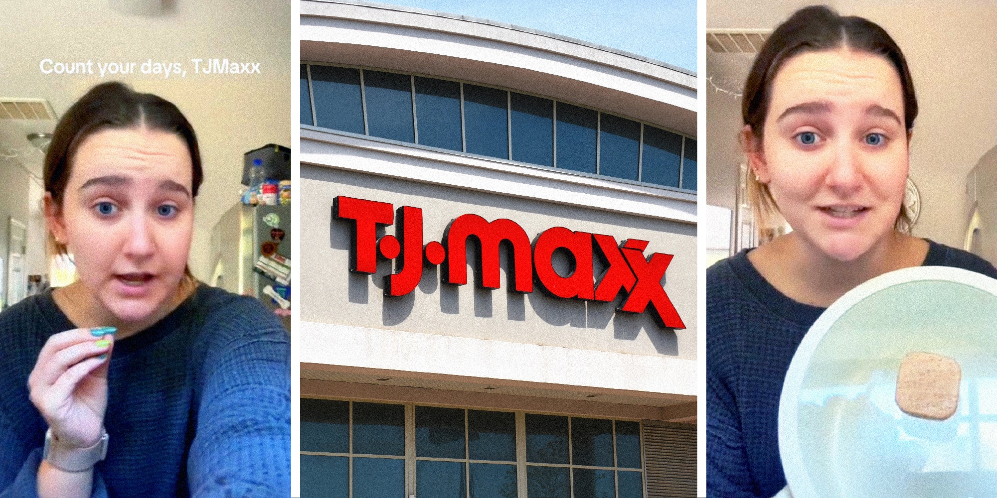 3 panel image. On the left is a woman with the text 'count your days, TJ Maxx', in the middle is the exterior of a TJ Maxx store, on the right we see the same woman holding up a pot.