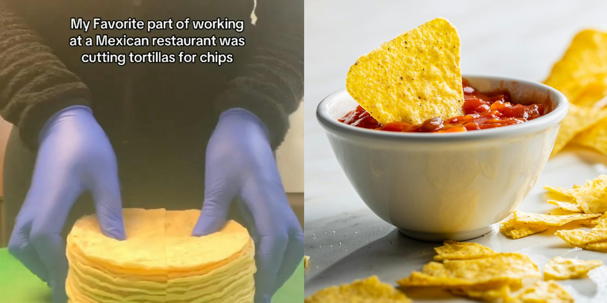 A person making tortilla chips next to a chip being dipper in salsa.