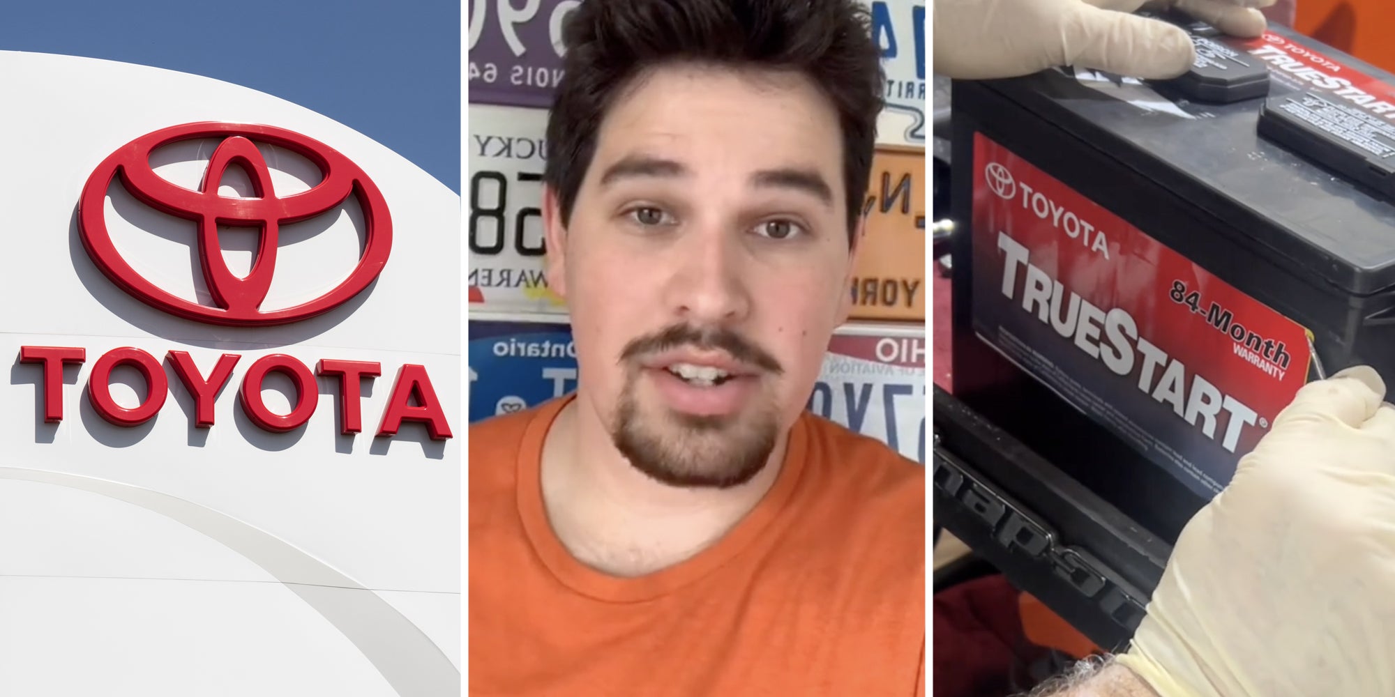 Toyota sign(l), Man talking(c), hands on car battery(r)
