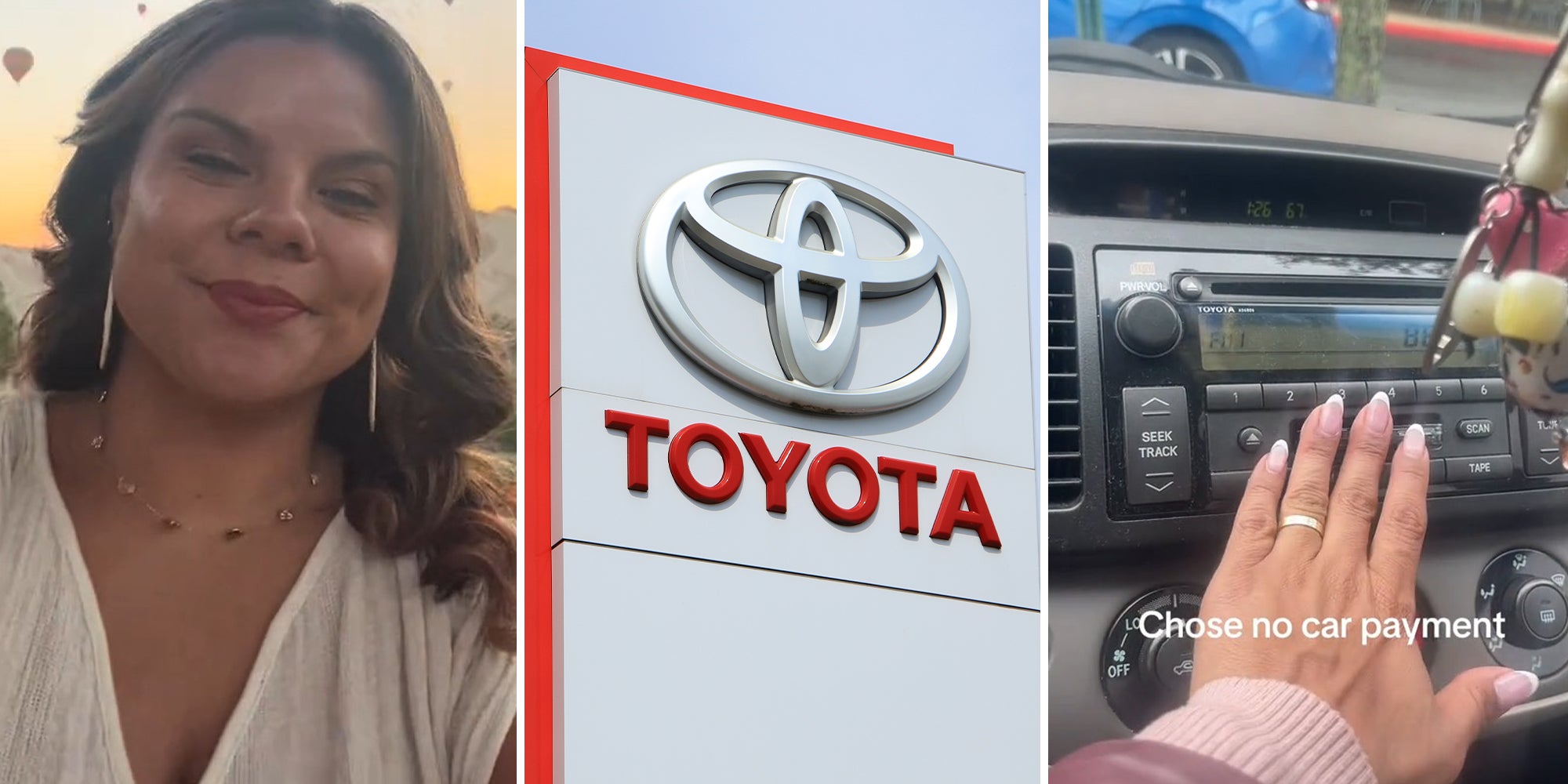 woman smiling with sunset behind(l) Toyota brand Dealer Sign(c) hand on old car radio deck(r)