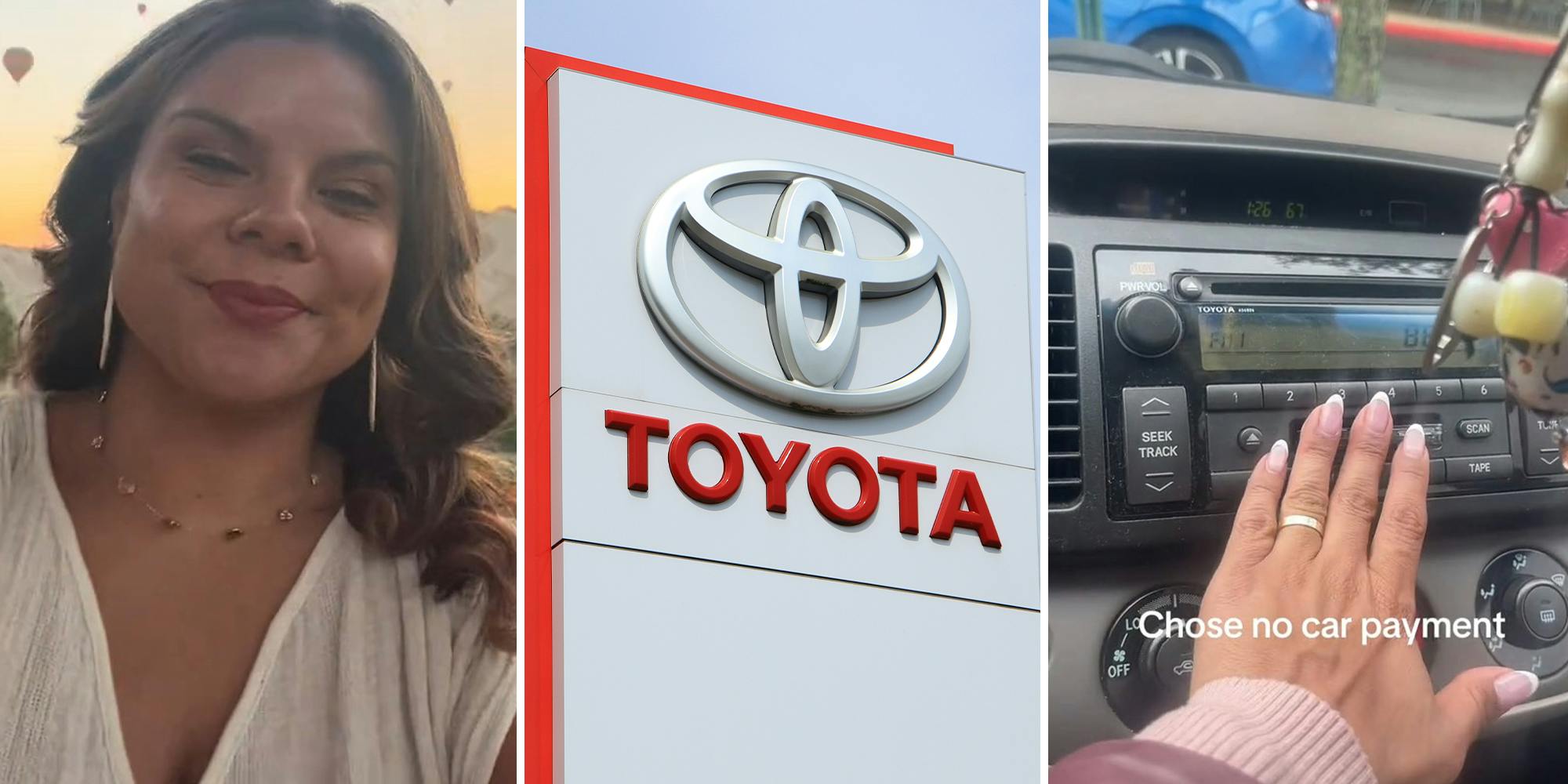 woman smiling with sunset behind(l) Toyota brand Dealer Sign(c) hand on old car radio deck(r)