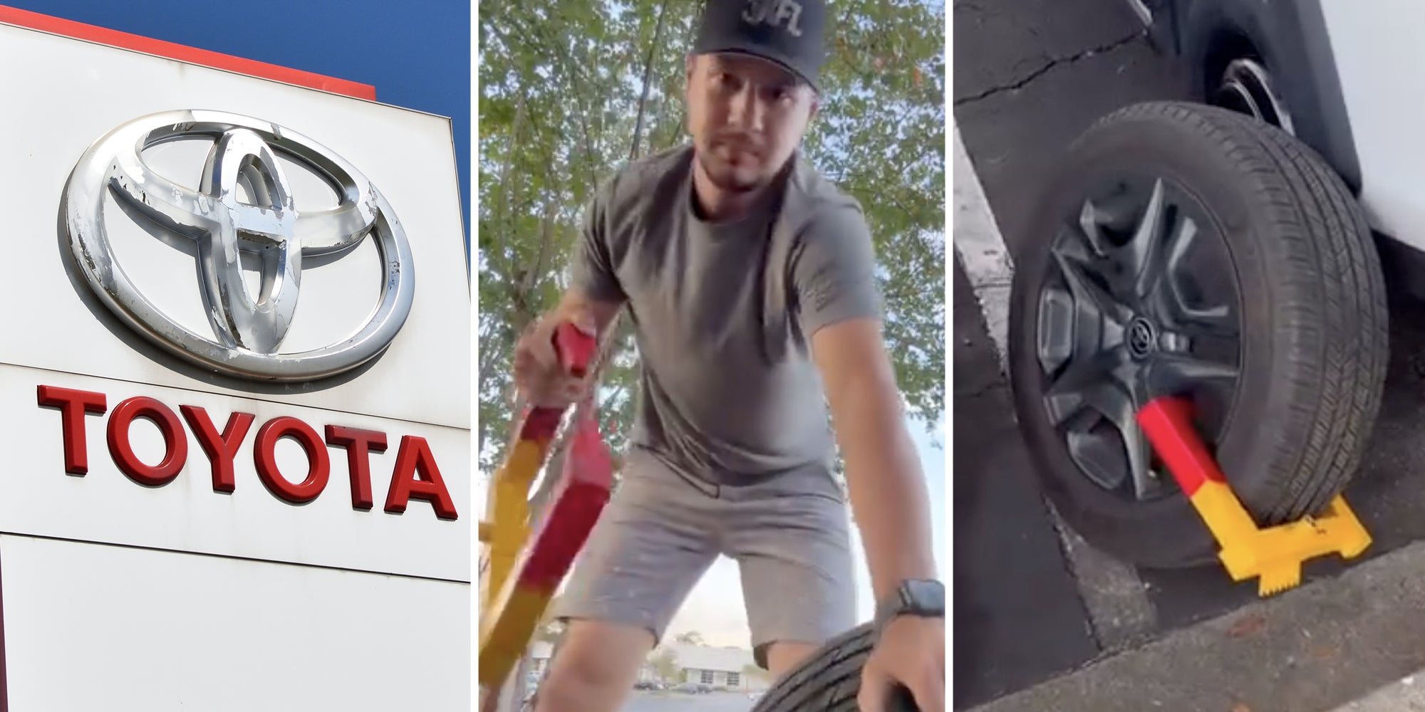Toyota sign(l), Man holding boot(c), Boot on tire(r)