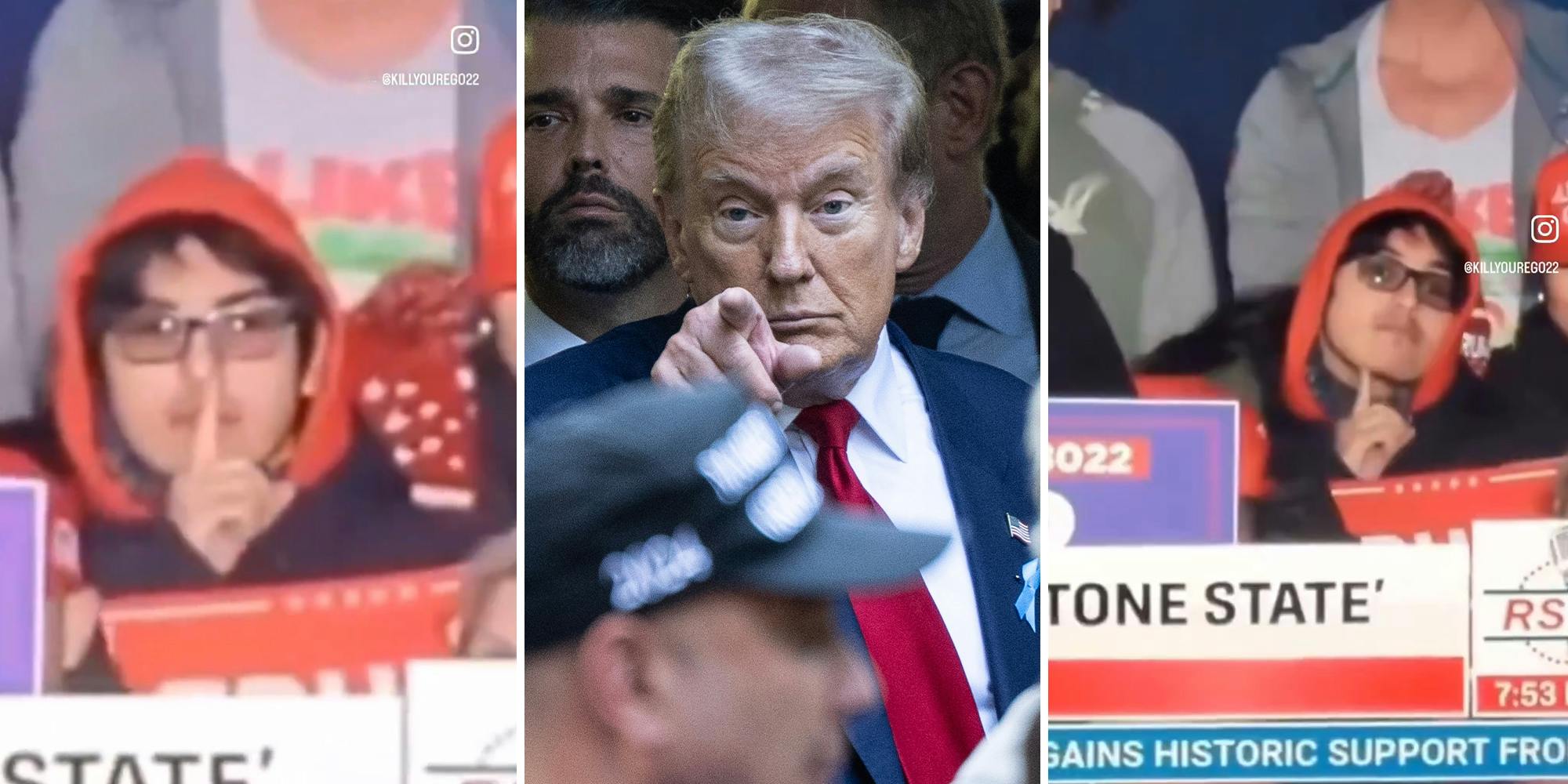 Audience member mewing(l) (r) Trump pointing directly at camera(c)