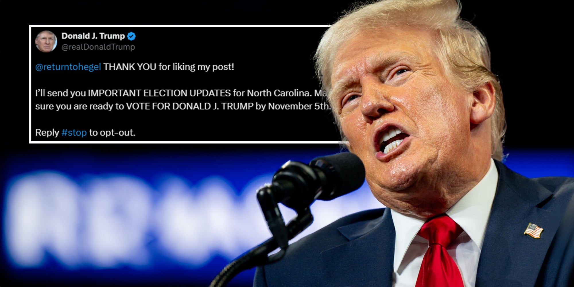 Donald Trump with X message in the background