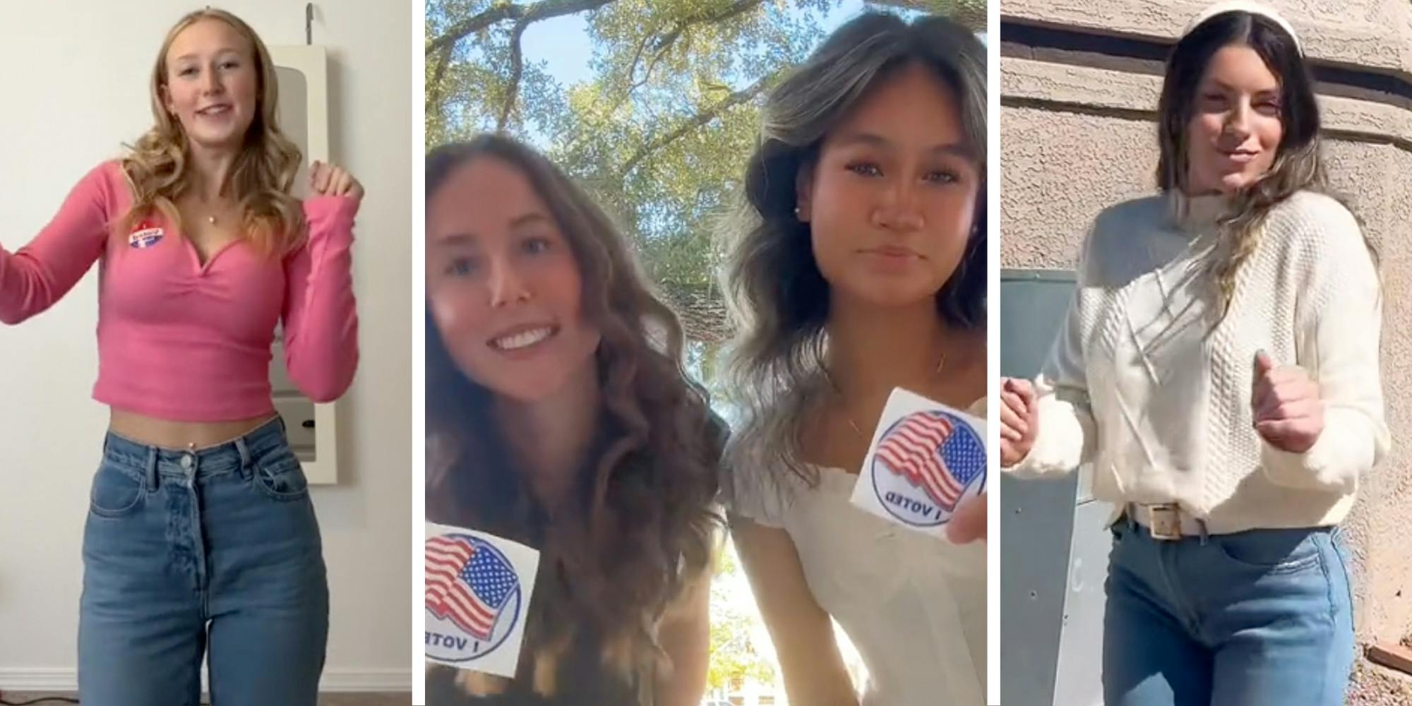 Woman dancing(l), Two friends with I voted stickers(c), Woman dancing(r)