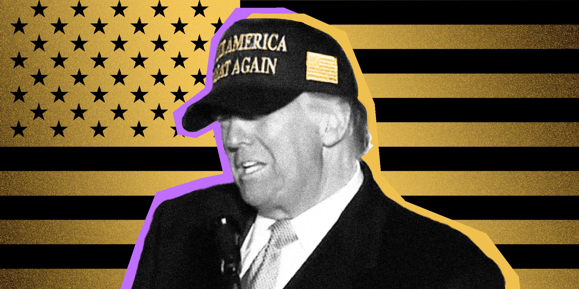 Donald Trump wears a new gold on black "Make America Great Again" hat. Behind him is a gold and black American flag.