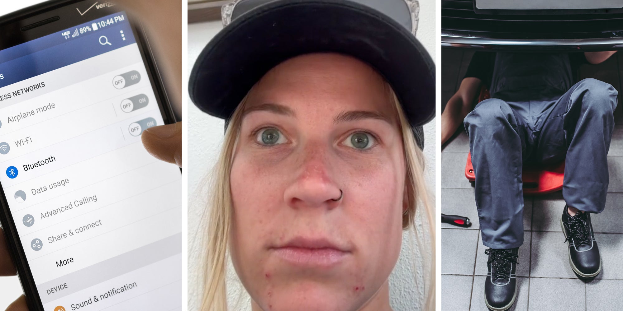 Hand holding phone with bluetooth settings(l), Woman looking off(c), Mechanic under car(r)