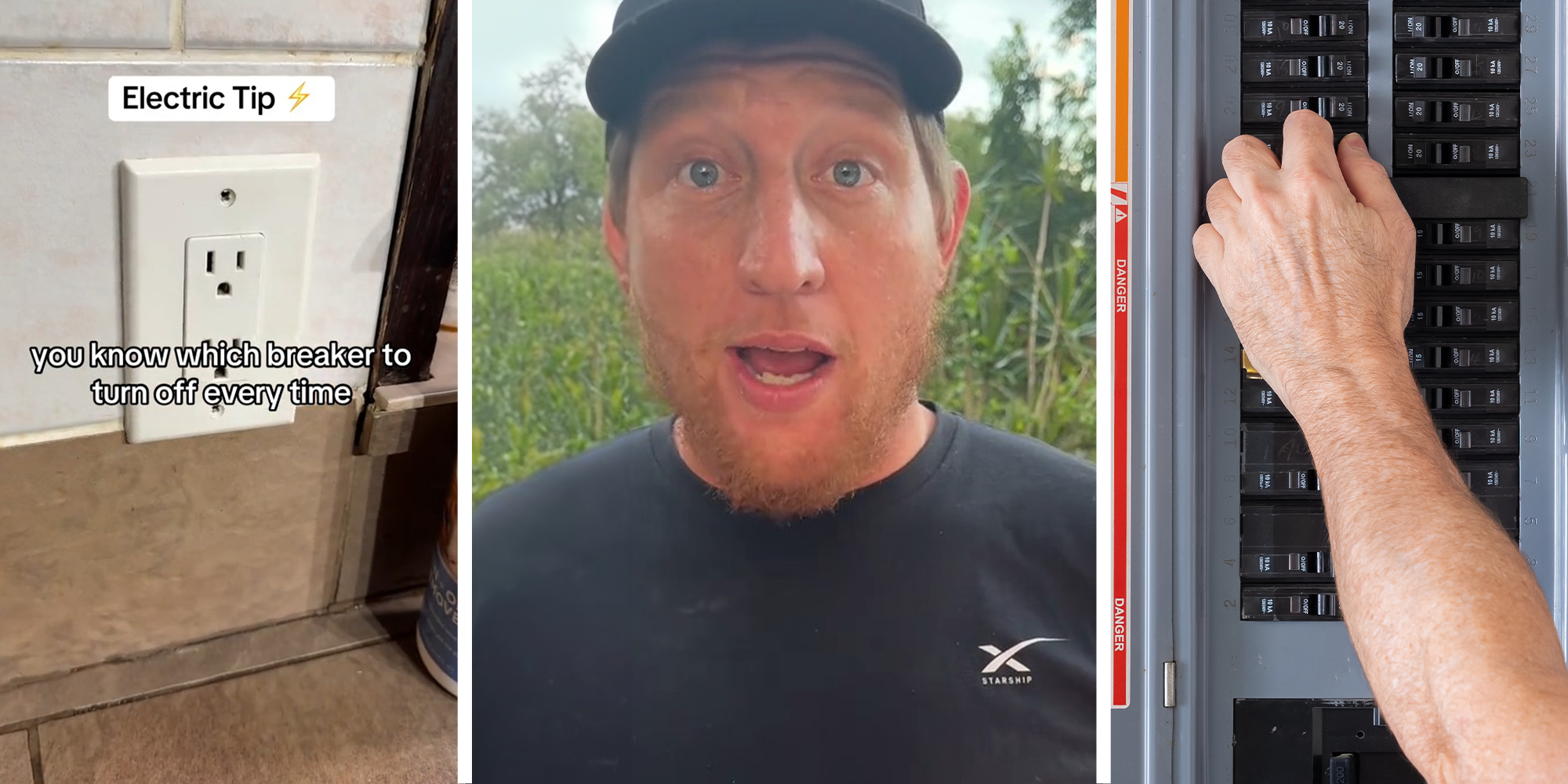 Outlet on wall(l) electrician sharing tips(c) Breaker(r)