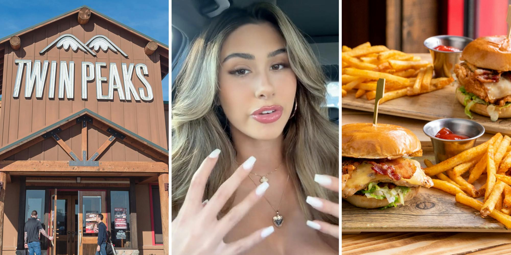 Twin Peaks restaurant(l), Woman talking(c), Twin Peaks food on table(r)