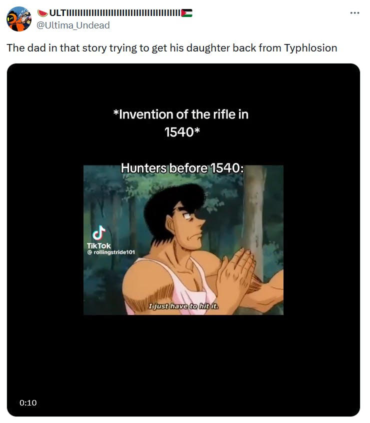 Typhlosion meme with an anime video of a man fighting a bear.