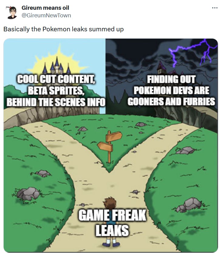 Game Freak leak meme in the two paths format.