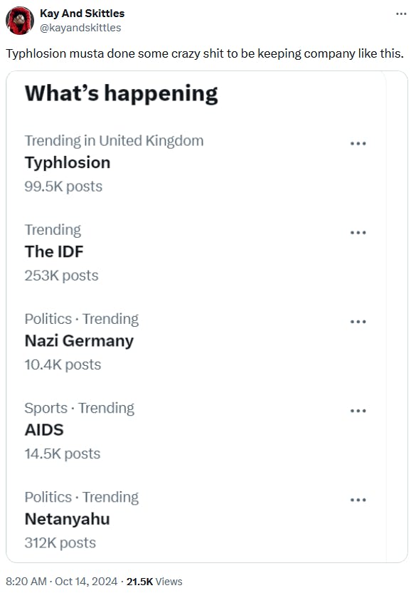 Typhlosion meme with a screenshot of the 'What's happening' section of Twitter.