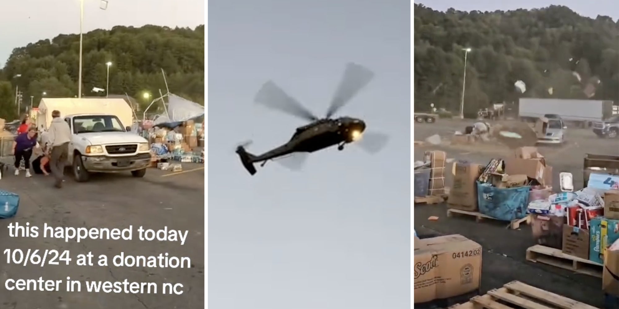 People hiding behind van while tent turns over and text that says 'this happened today 10/6/24 at a donation center in western nc(l), Helicopter in the air(c), Things flying around parking lot(r)