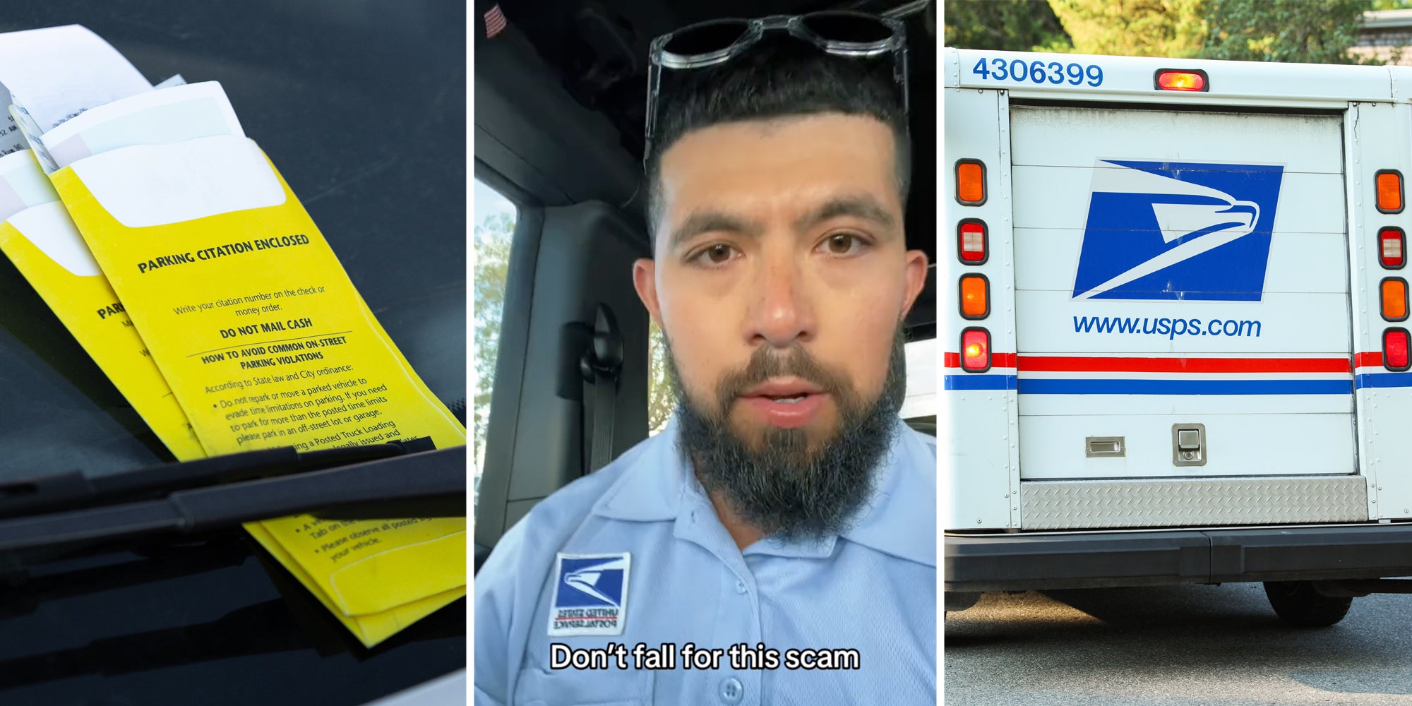 Parking tickets(l), USPS worker talking with text that says 'Don't fall for this scam'(c), USPS truck(r)