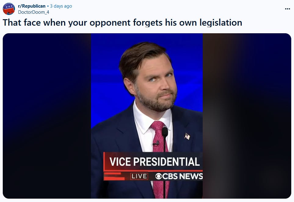 Vance looking into camera meme accusing Tim Walz of forgetting his own legislation.