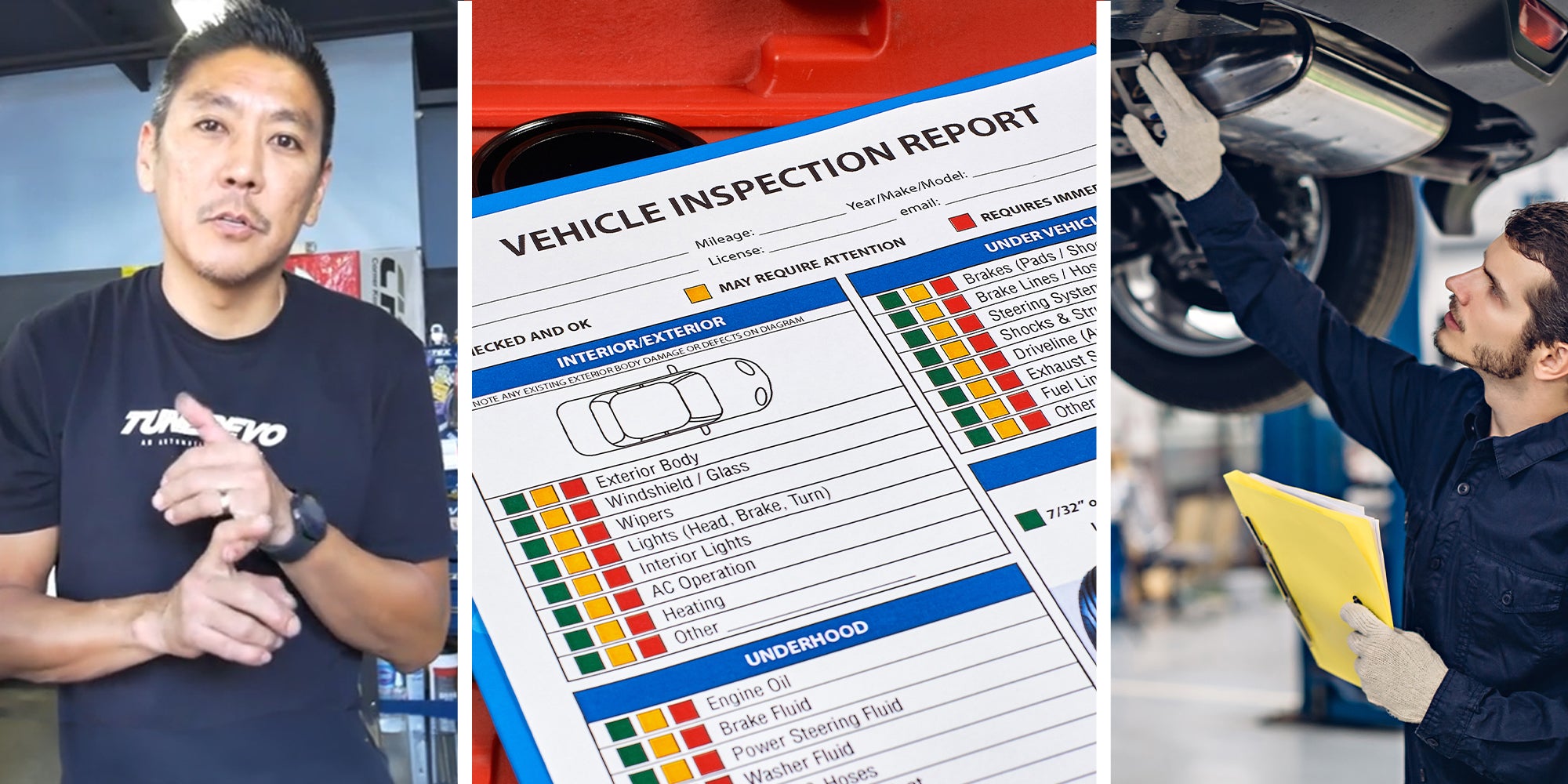 Mechanic explaining what is done during vehicle inspection(l) Vehicle Inspection Report(c) Mechanic checking underneath vehicle(r)
