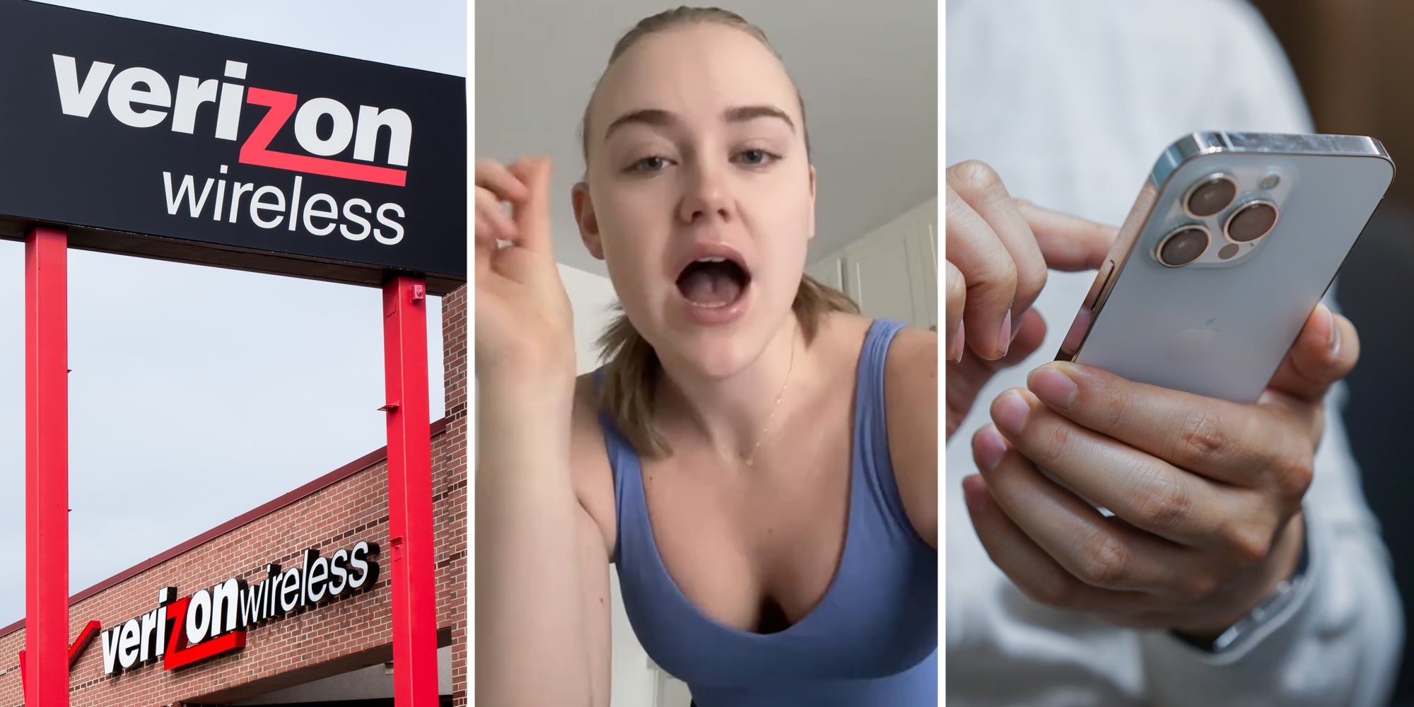 Verizon signs(l), Woman talking(c), Hands holding iphone(r)