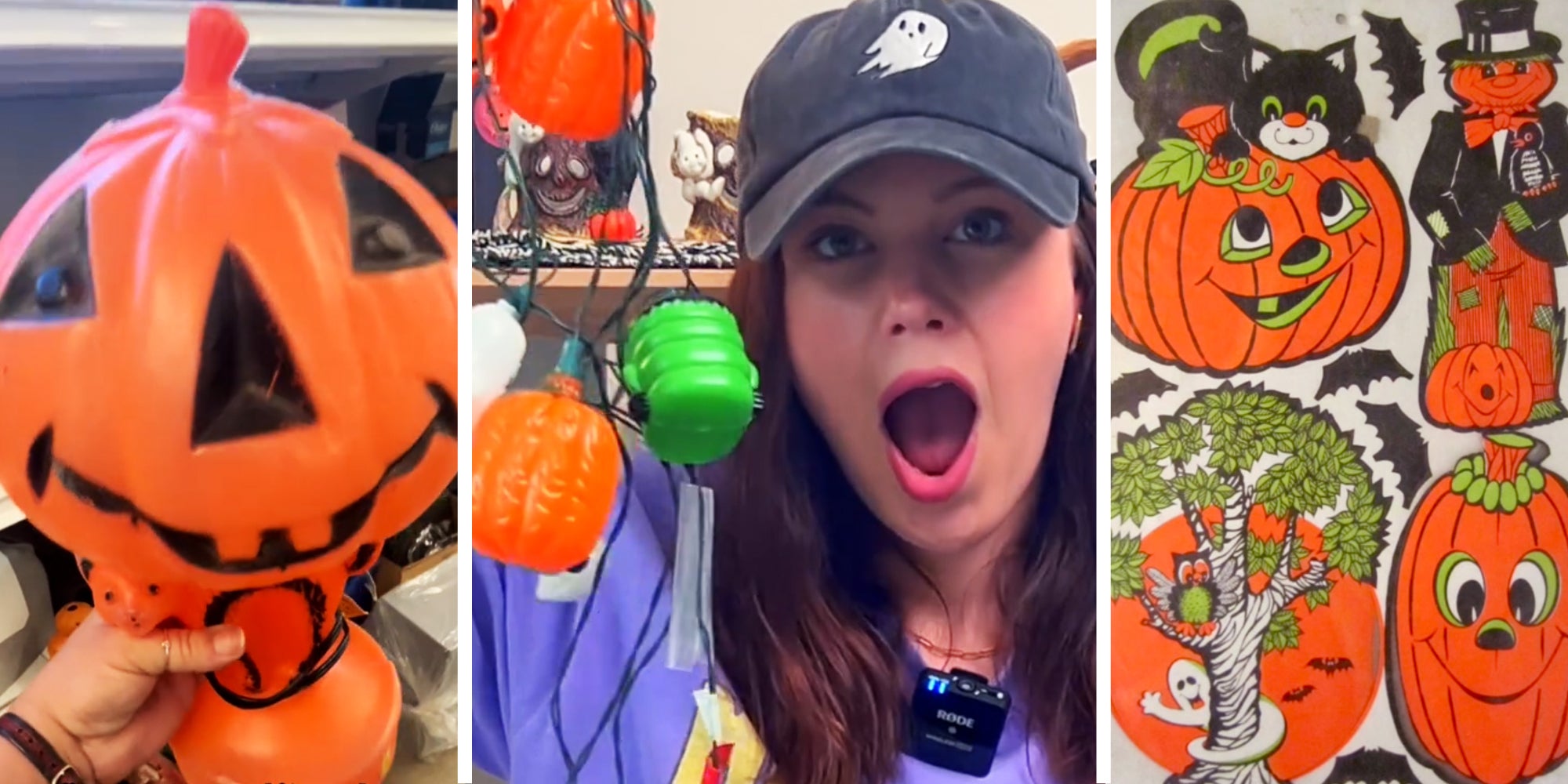 Pumpkin statue(l), Woman holding up string lights(c), Old Halloween poster(r)