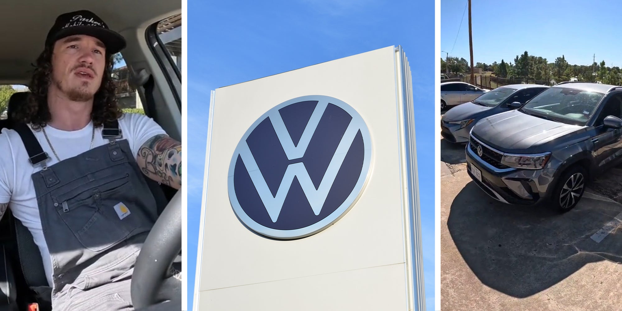 Mechanic test driving car(l) Volkswagen dealer sign(c) Volkswagen 2023 Model(r)
