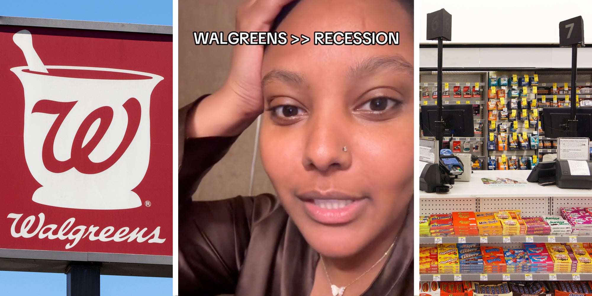 Walgreens sign(l),Woman talking with text that says 'walgreens >> recession'(c), Cashier at walgreens(r)