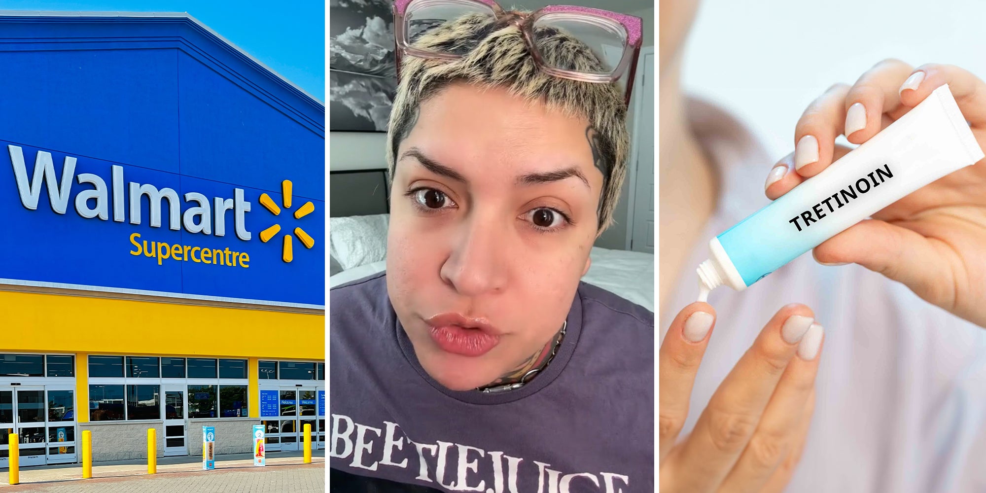 Walmart Store Front(l) Woman on TikTok explaining how to get product without a prescription(c) Woman squeezing Tretinoin on finger(r)