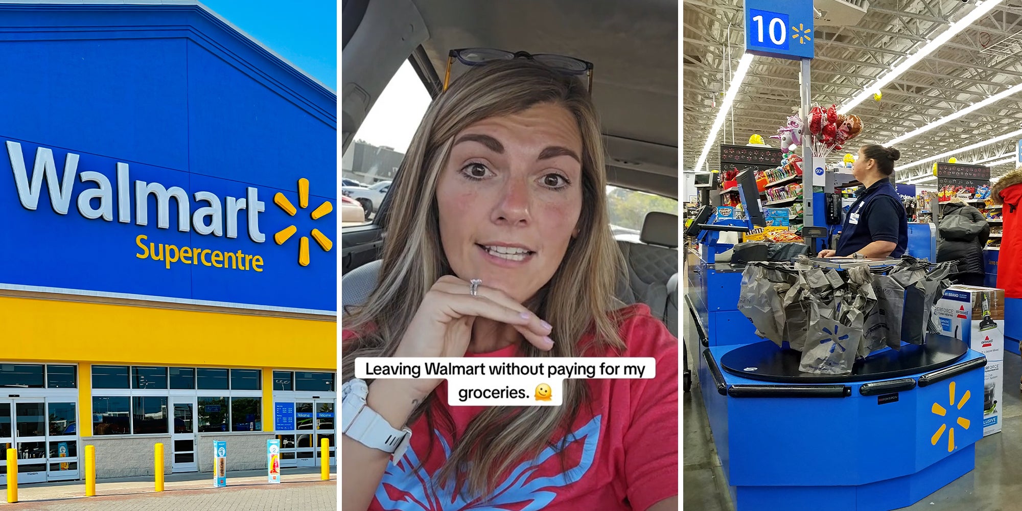 Walmart Store Front(l) Woman sharing walmart story on tiktok(c) Walmart Cashier(r)