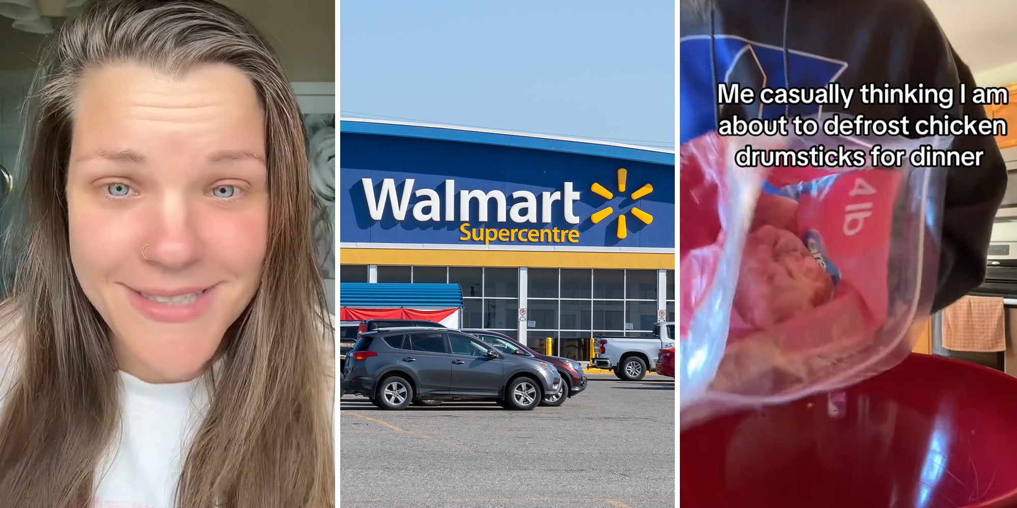 woman smiling(l) Walmart Store Front(c) Woman opening Great Value Chicken Bag(c)