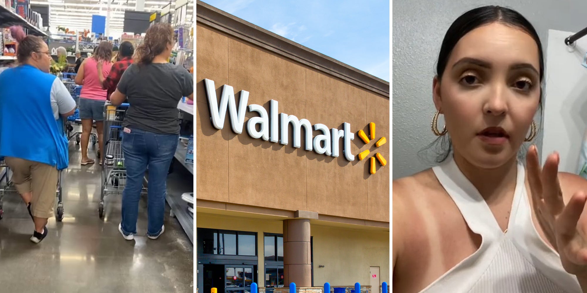 line of customers and walmart employees(r) Walmart Store Front(c) Woman wearing white blouse(r)