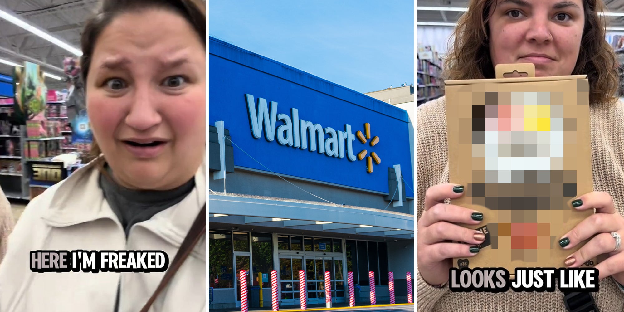 Woman looking shocked inside of walmart(l) Walmart Store(c) Woman holding up blurred product(r)