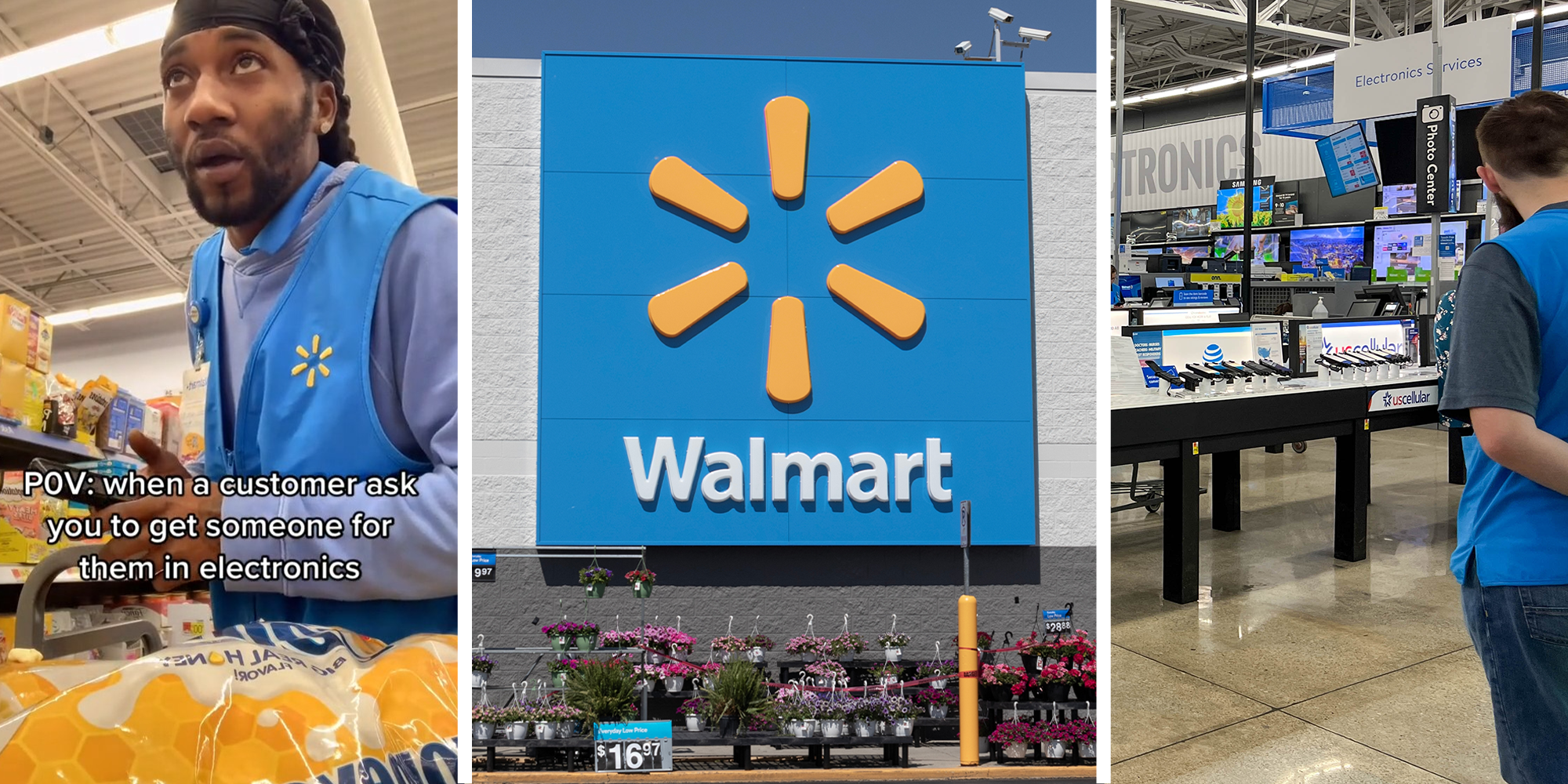 Walmart Employee(l) Walmart Store Front(c) Walmart Electronics Section(r)