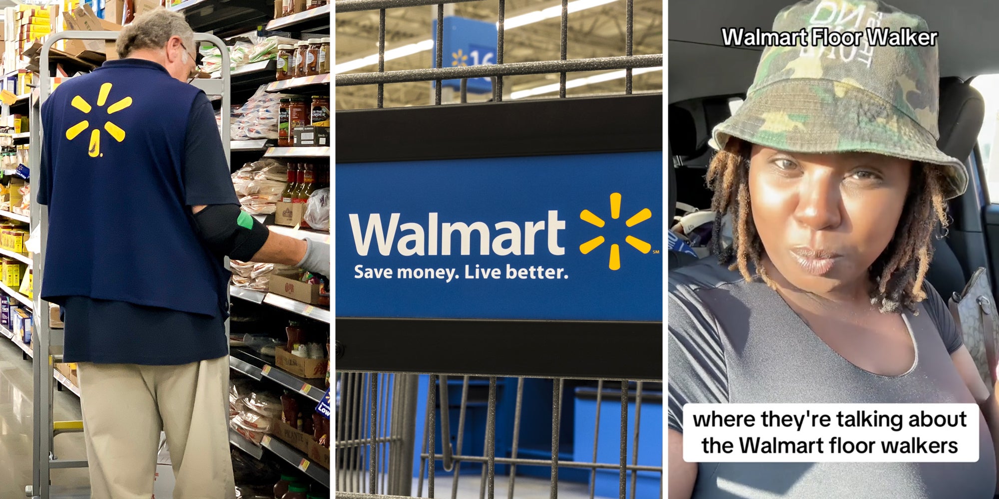 Walmart worker restocking shelves(l), Walmart sign on cart(c), Woman talking with text that says 'Walmart Floor Walker - where they're talking about the Walmart floor walkers'(r)