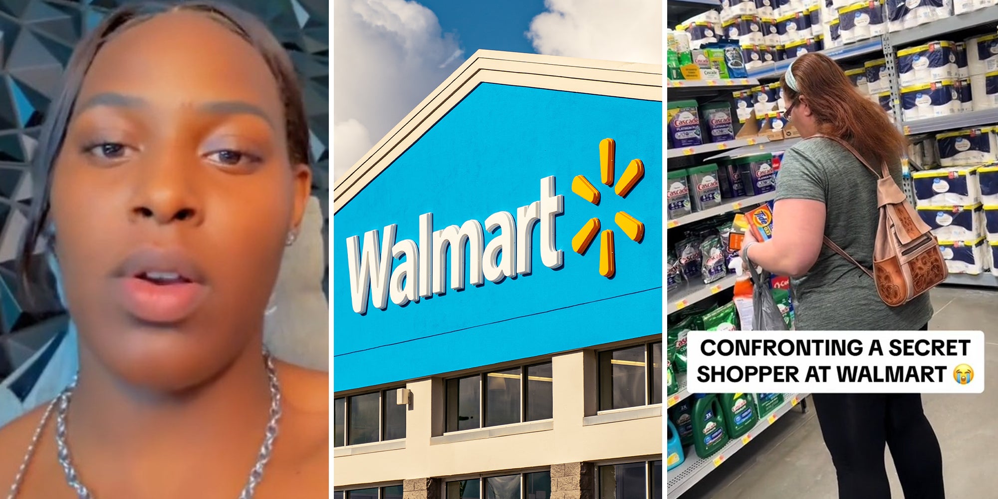 Woman sharing story on tiktok(l) Walmart Store Front(c) Woman pretending to buy items at walmart(r)