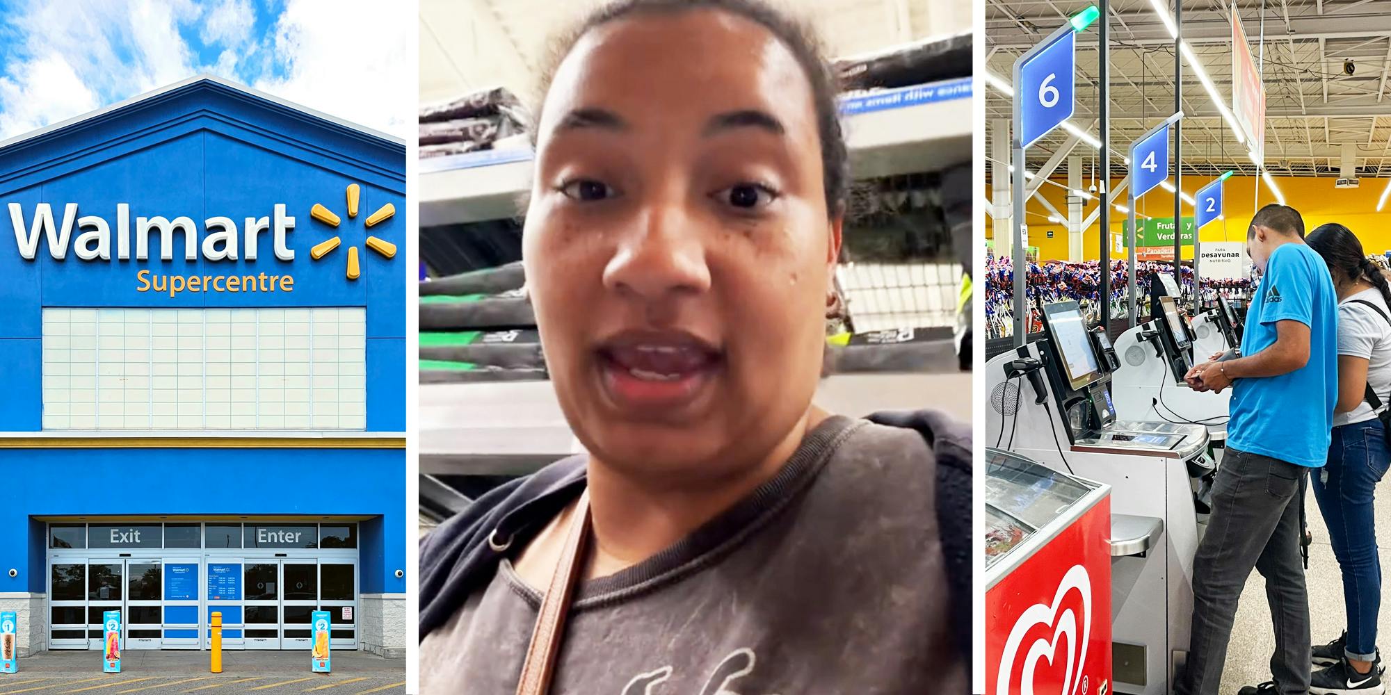 Walmart storefront(l), Woman talking(c), Couple at self checkout(r)