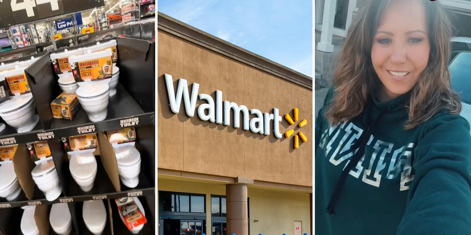 Skibidi Toilet Products at Walmart(l) Walmart store Front(c) woman wearing green sweater(r)