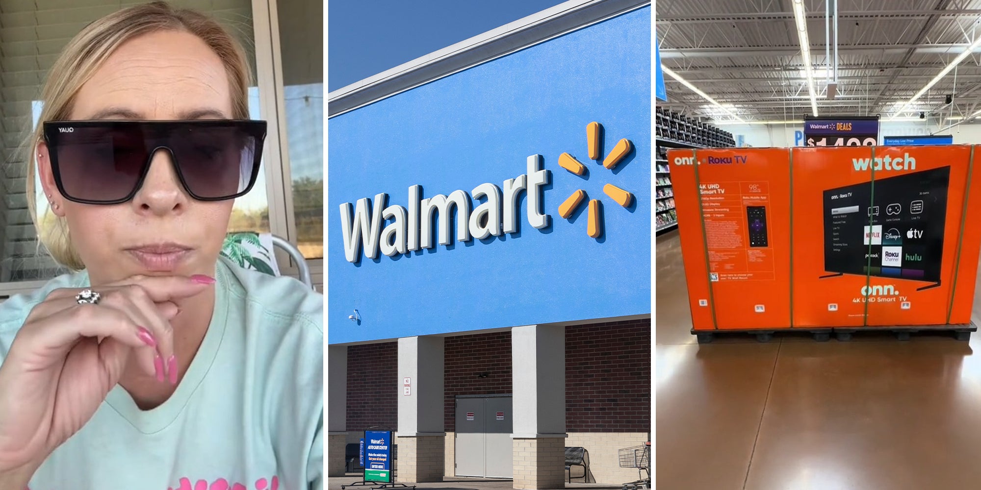 woman wearing sunglasses(l) Walmart Store(c) 98' Roku TV (r)
