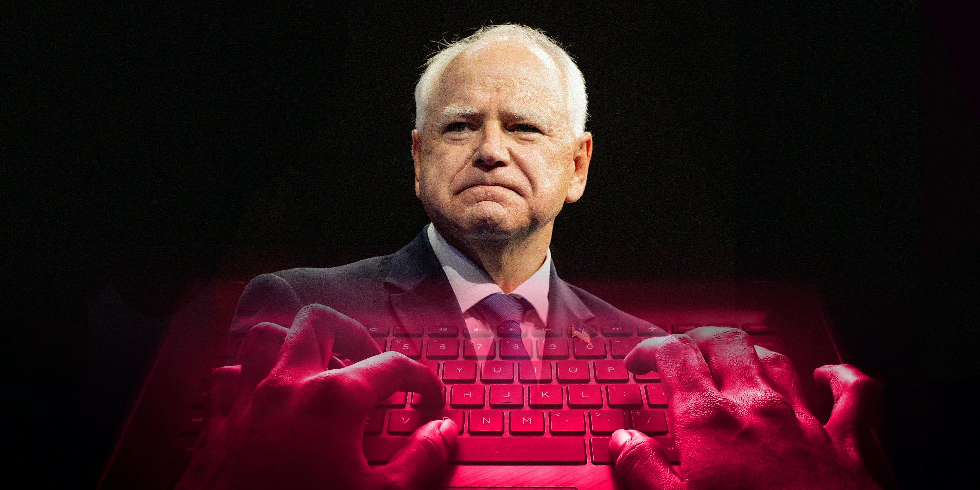 The face of Tim Walz looking stern floats above mysterious hands on a keyboard.