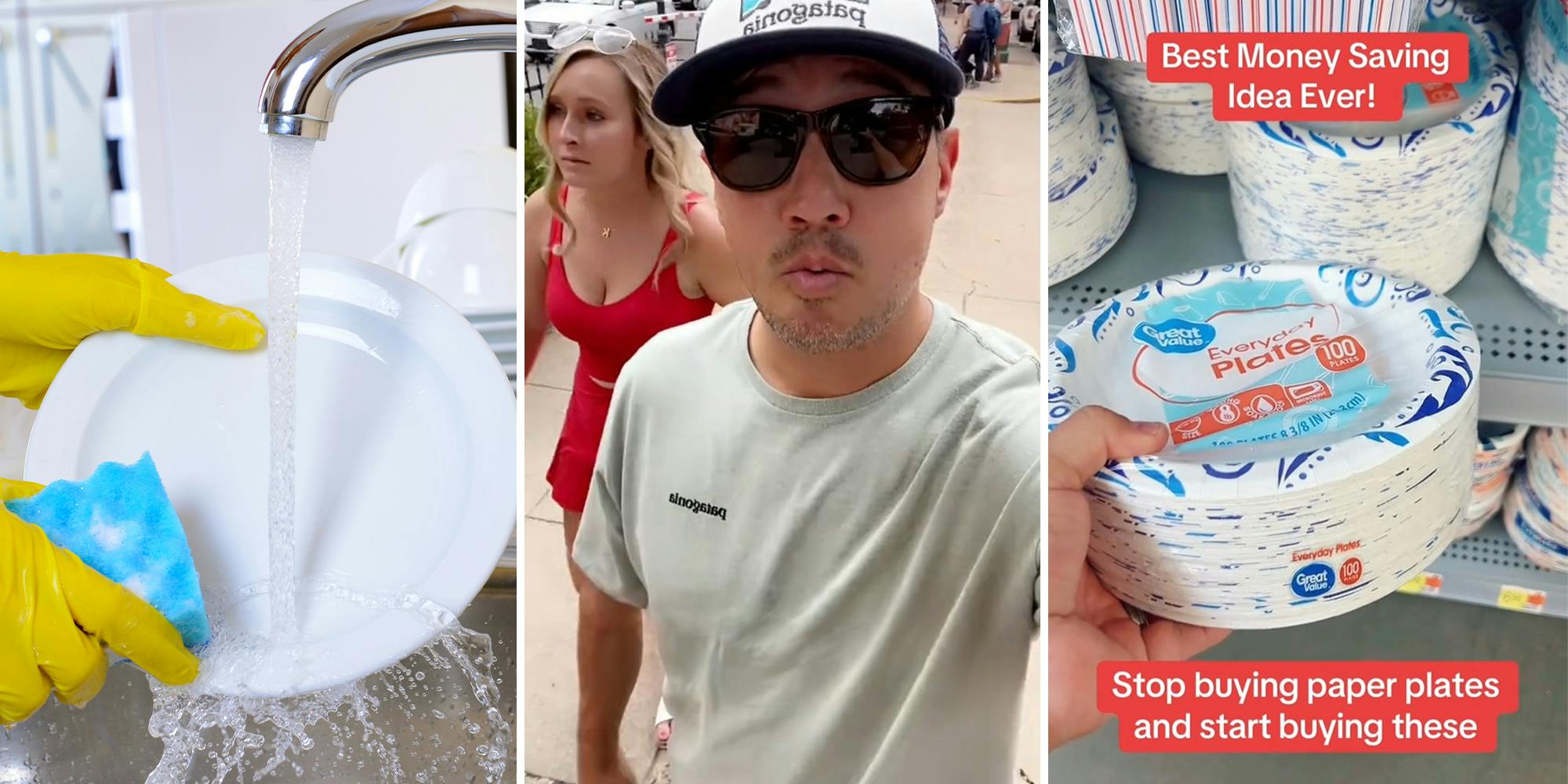 hands with gloves washing dishes(l) Man wearing a hat with a woman in a red dress behind him(c) Holding paper plates(r)