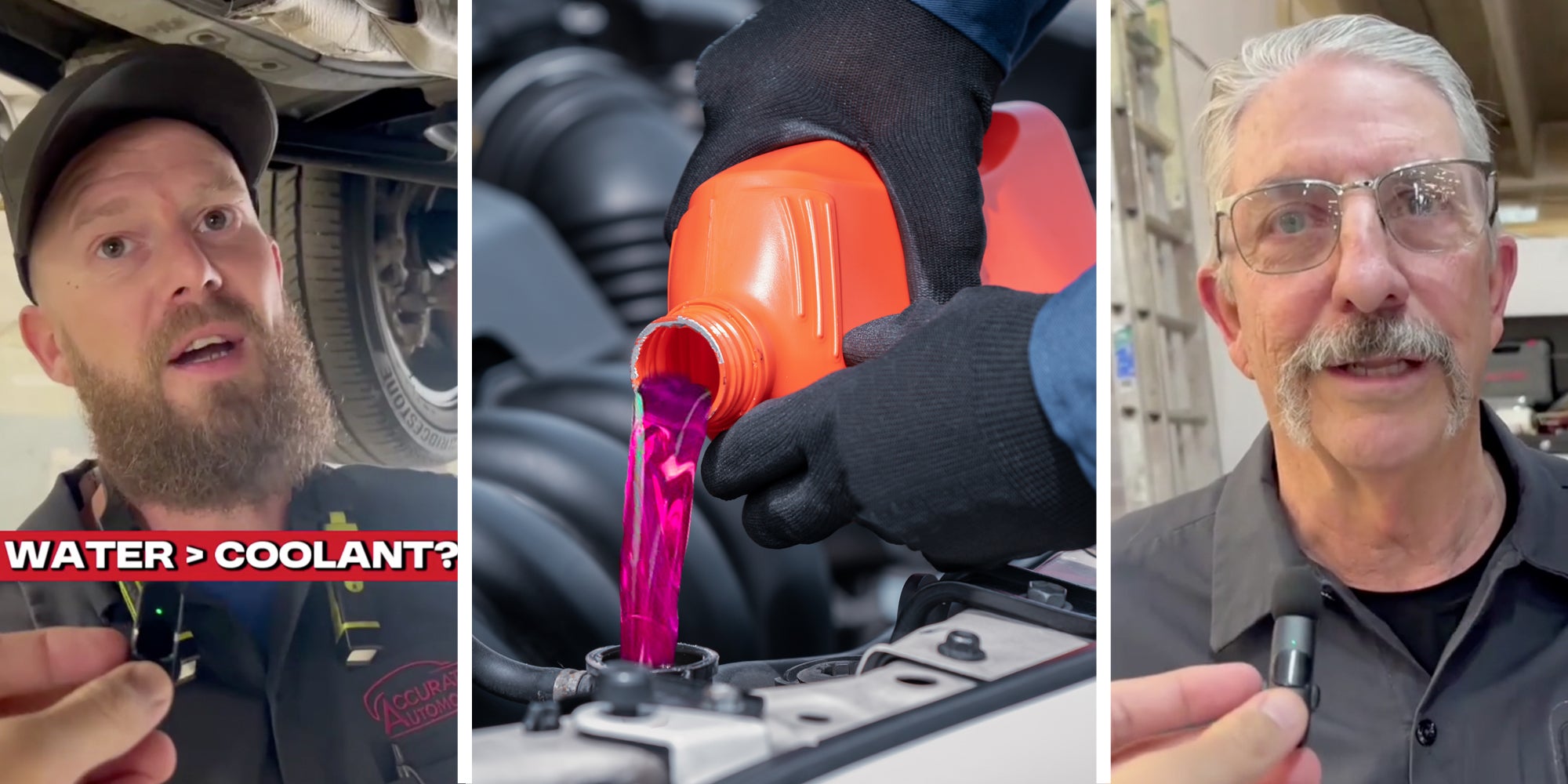Mechanic 1 talking(l), Coolant being poured into car(c), Mechanic 2 talking(r)