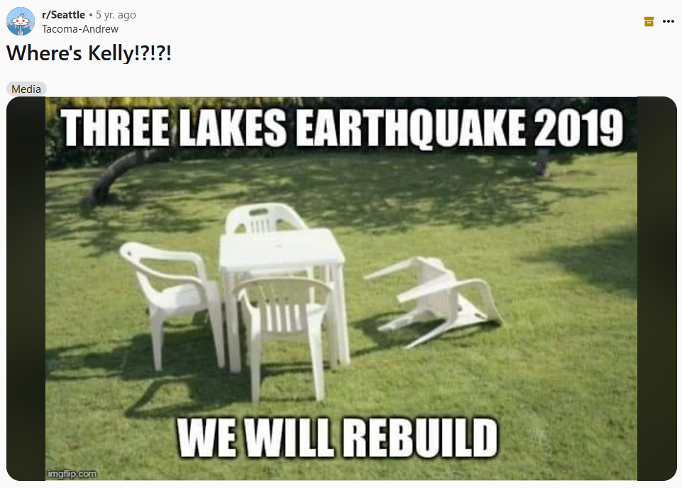 We will rebuild meme about the 2019 Three Lakes earthquake.