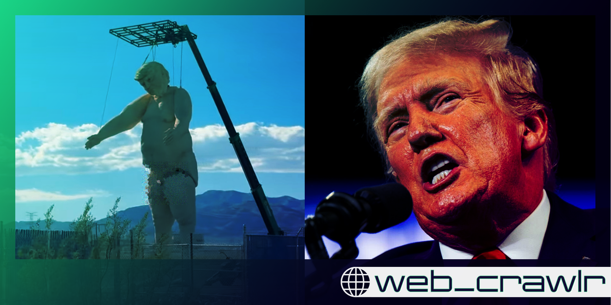 A Trump statue next to former President Trump talking. The Daily Dot newsletter web_crawlr logo is in the bottom right corner.