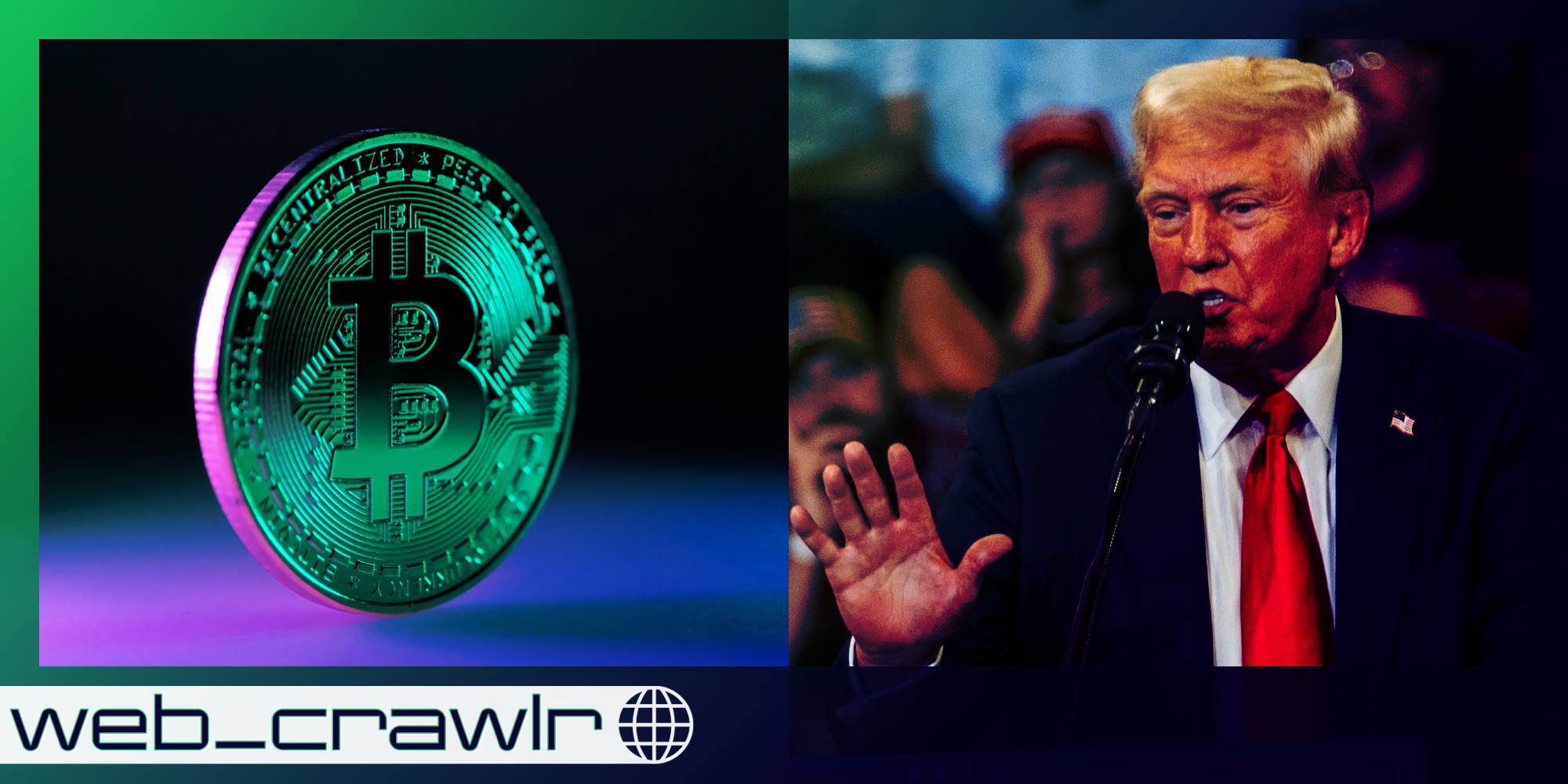 A Bitcoin and Donald Trump. The Daily Dot newsletter web_crawlr logo is in the bottom left corner.